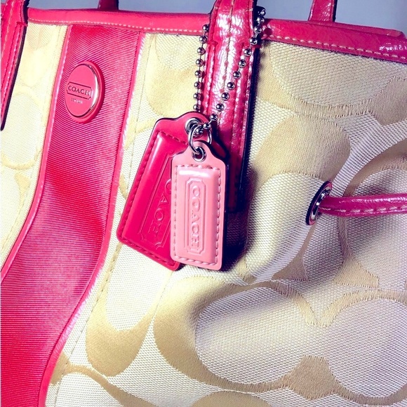 Coach vintage signature striped carry all bag ,canvas scarf pattern leather pink - Picture 2 of 11